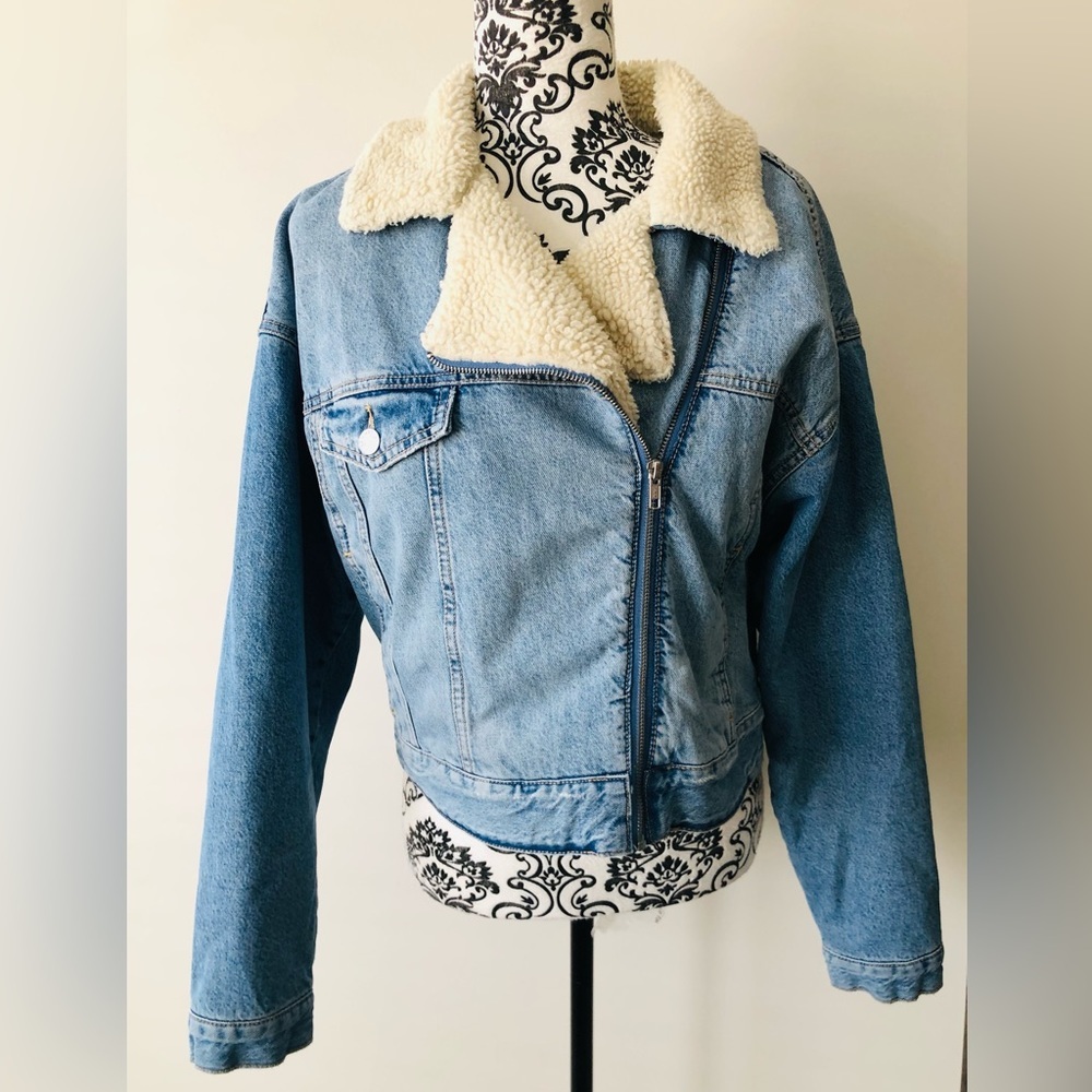 Garage Shearling Sherpa Denim Jean Jacket Asymmetrical Zip S